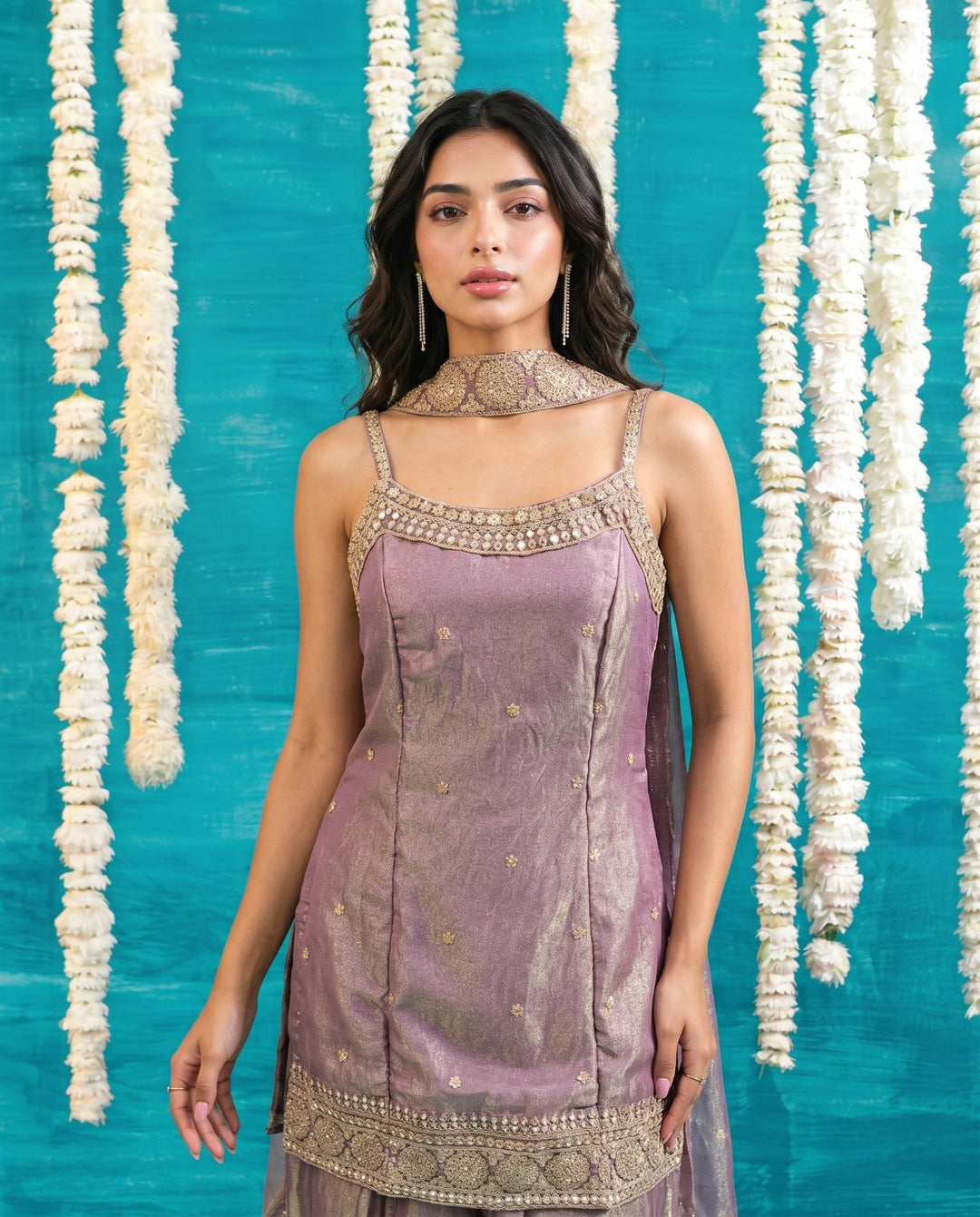 Purple Embriodered Silk Blended Spaghetti Strap Kurta Bottom Dupatta Set