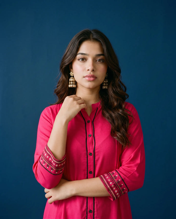 Pink Embroidered Rayon Straight cut Long Kurta