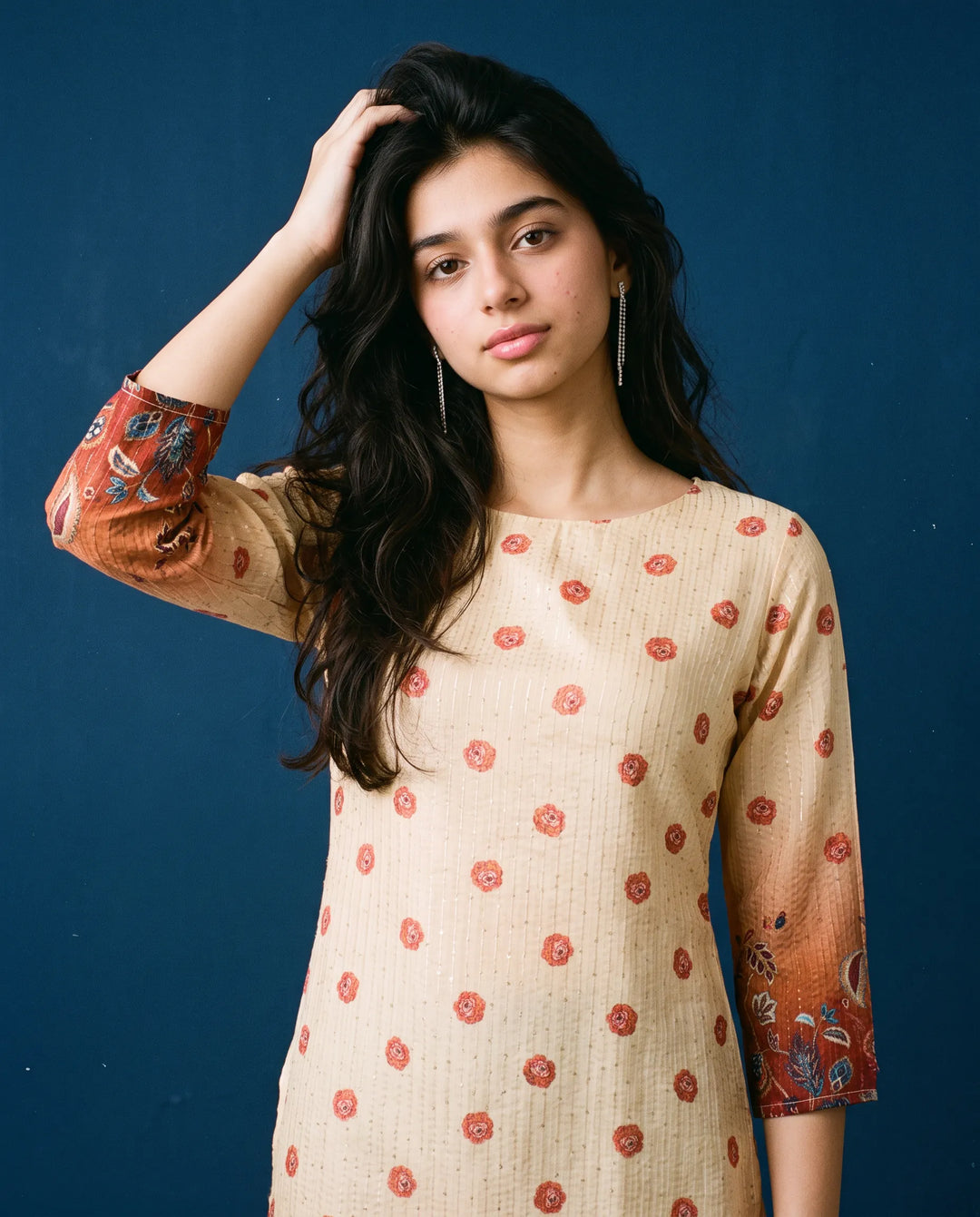Beige Printed Viscose Blended Straight Cut Long Kurta