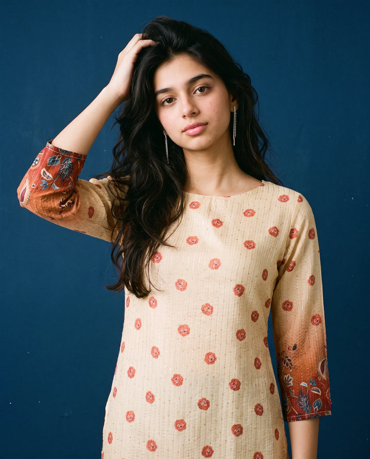 Beige Printed Viscose Blended Straight Cut Long Kurta
