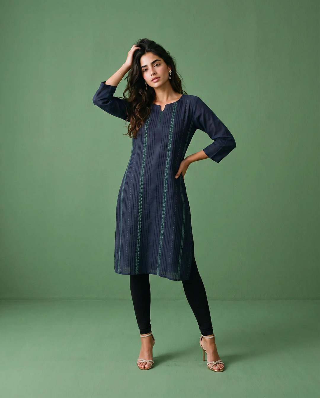 Navy Embroidered Cotton Straight cut Long Kurta