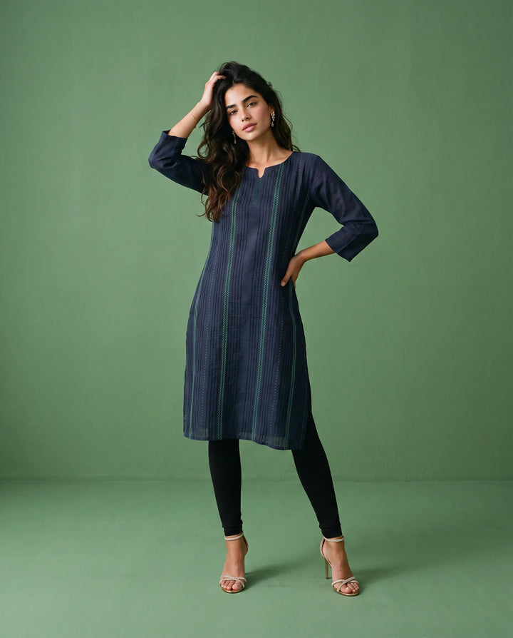 Navy Embroidered Cotton Straight cut Long Kurta