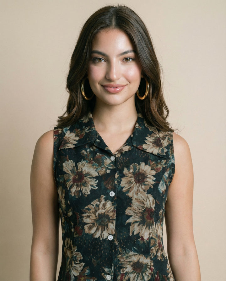 Forest Green Printed Viscose Blended Midi Dress