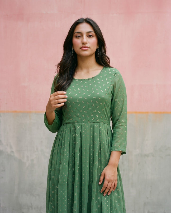 Green Printed Georgette Maxi Dress