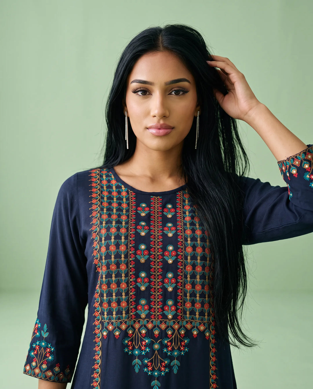 Navy Embroidered Rayon Straight cut Long Kurta