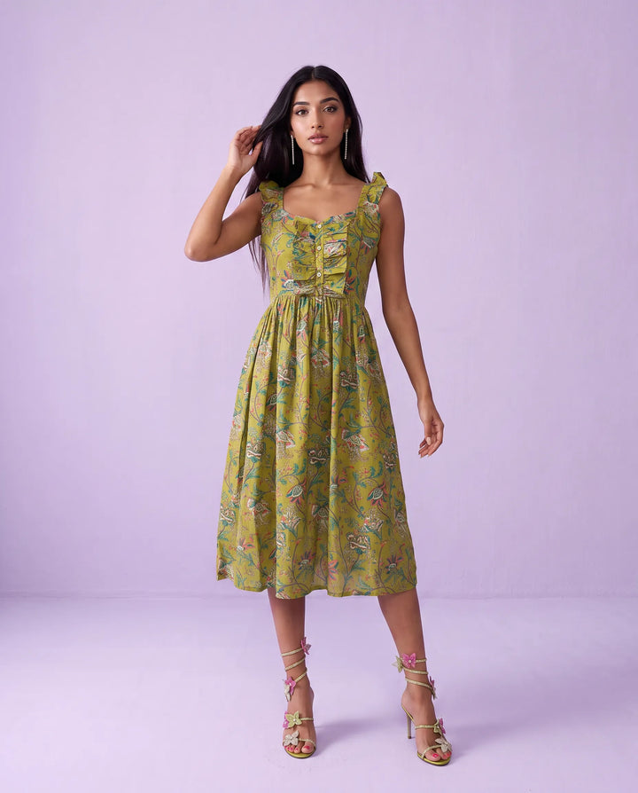 Green Printed Cotton Blended Midi Dress