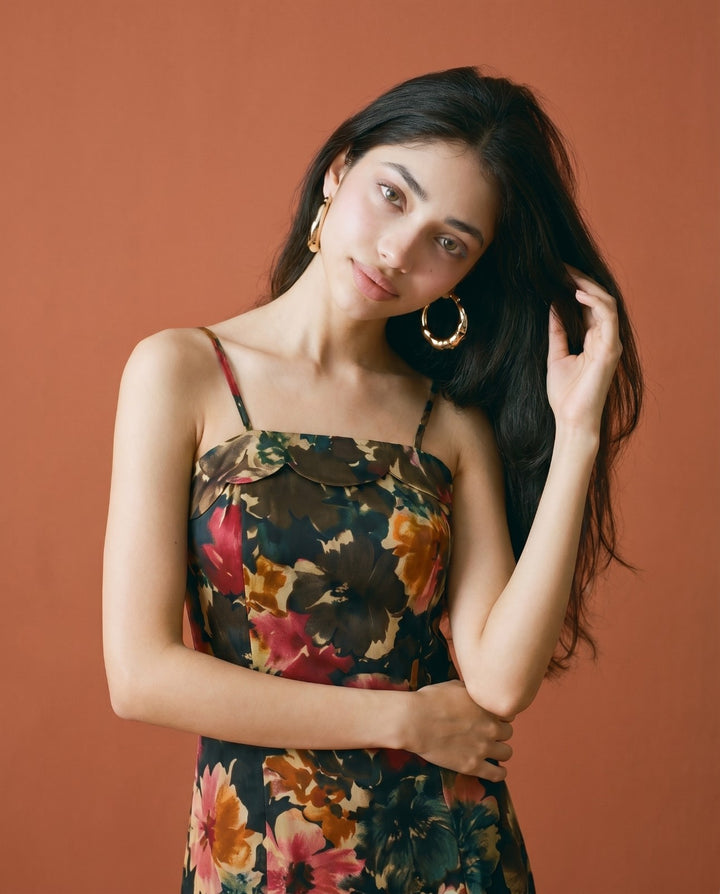 Black Printed Silk Blended Midi Dress