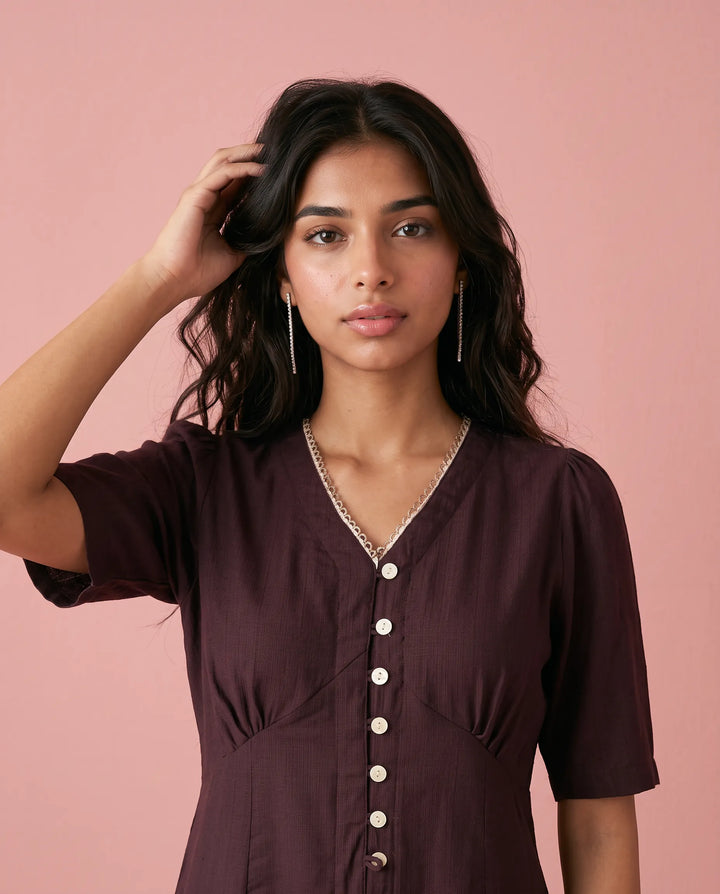 Wine Solid Viscose Blended Midi Dress