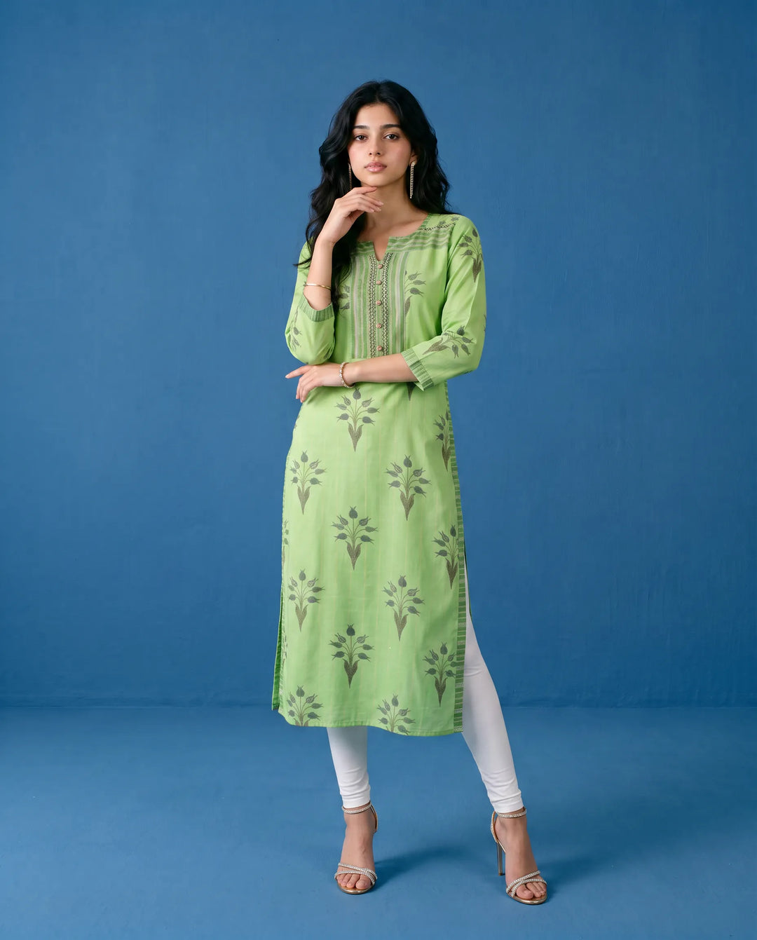 Green Printed Cotton Straight cut Long Kurta