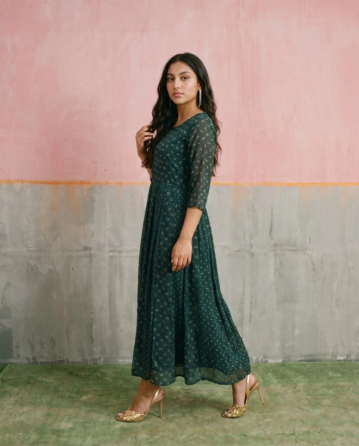 Bottle Green Printed Georgette Maxi Dress