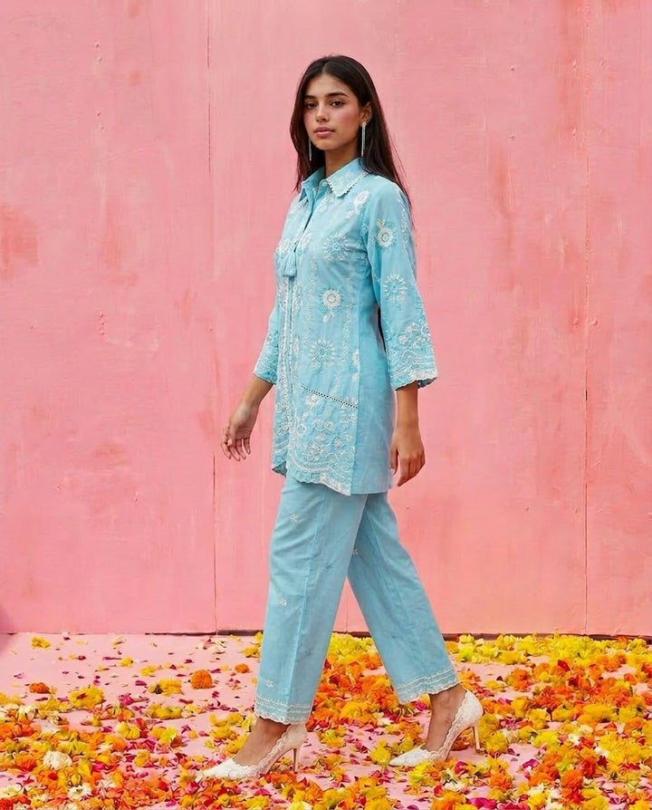 Blue Embroidered Cotton Satin Co-Ord Set