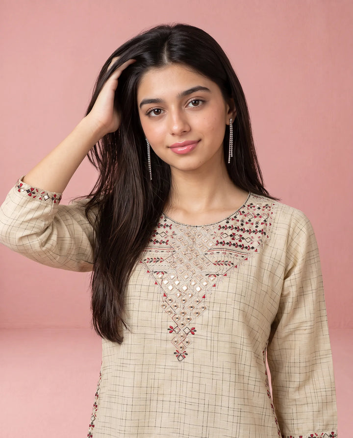 Beige Embroidered Cotton Straight cut Long Kurta