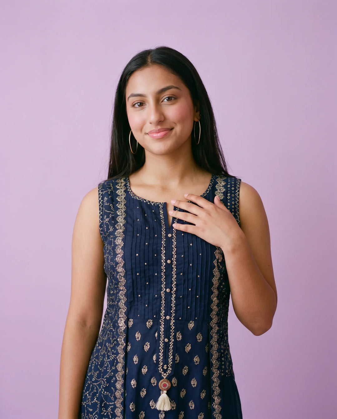Navy Printed Rayon Sleeveless Maxi Dress