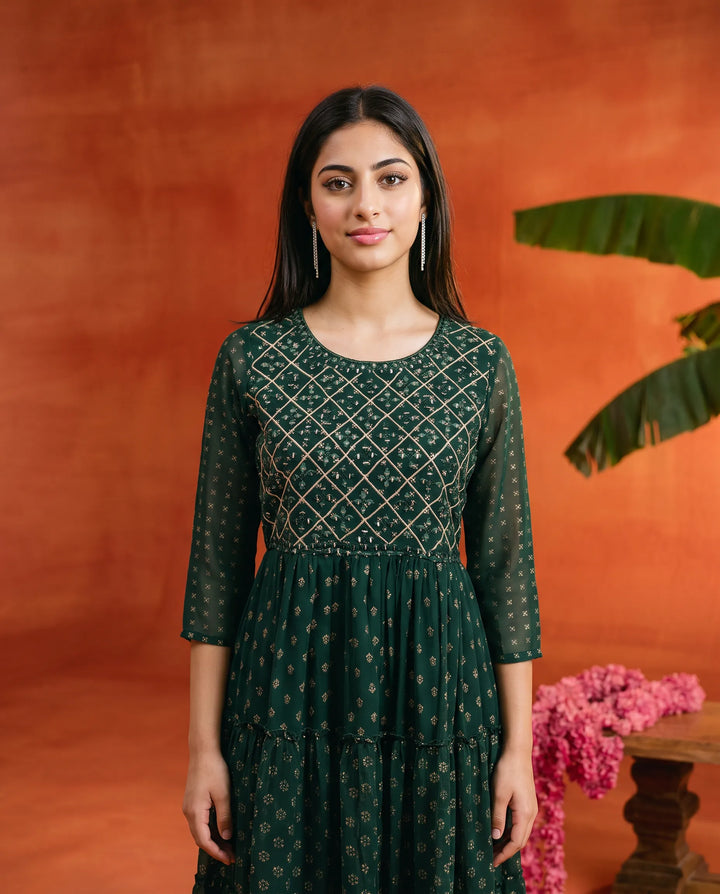 Bottle Green Embriodered Georgette Maxi Dress