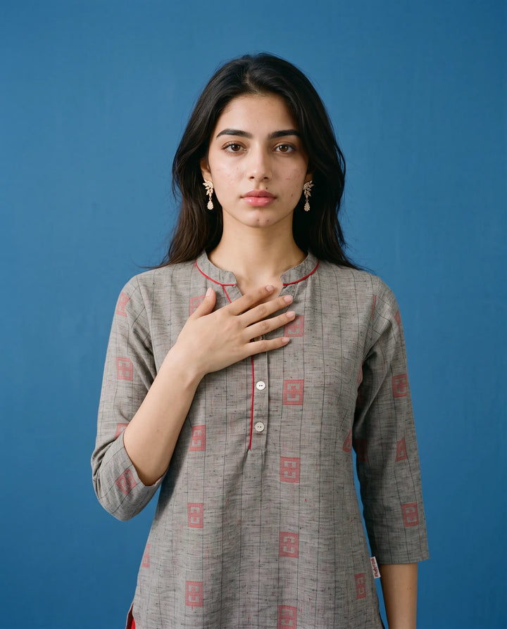 Grey Printed Cotton Straight cut Long Kurta