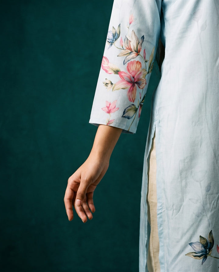 Grey Printed Crepe Silk Straight cut Long Kurta