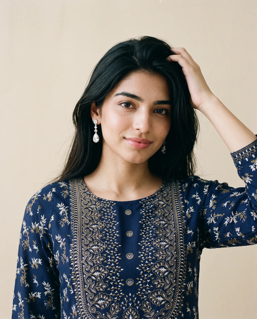 Navy Printed Cotton Straight Cut Long Kurta