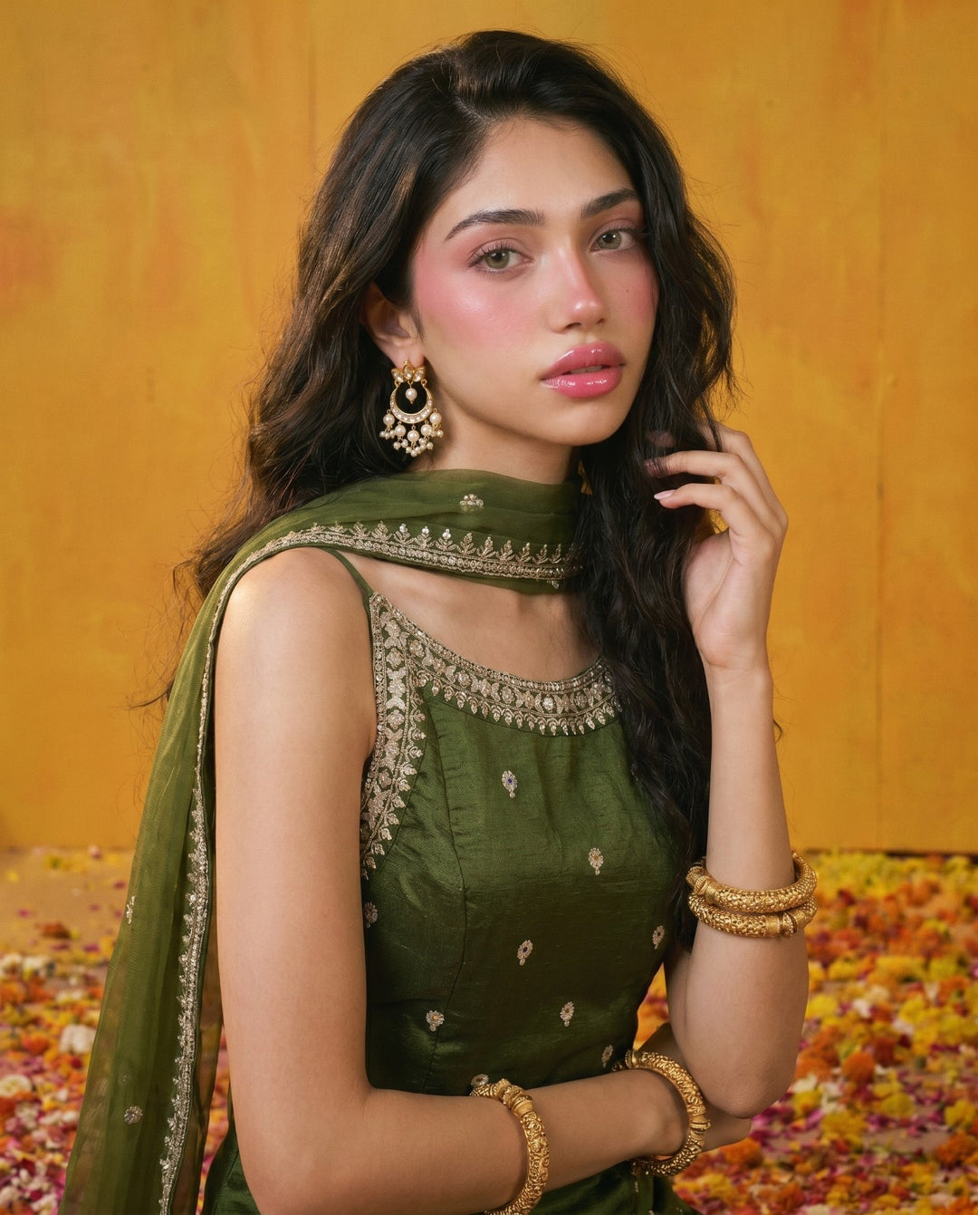Green Embriodered Silk Blended Spaghetti Strap Kurta Bottom Dupatta Set