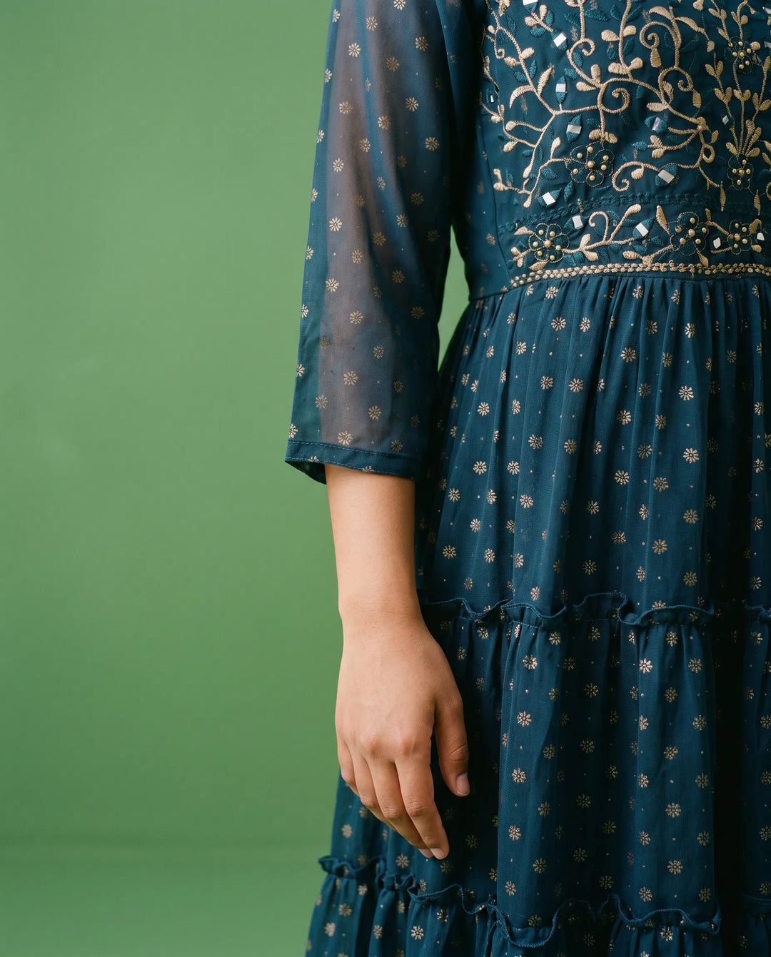 Navy Embriodered Georgette Maxi Dress