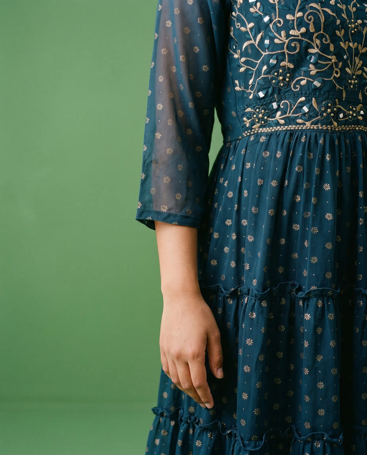 Navy Embriodered Georgette Maxi Dress
