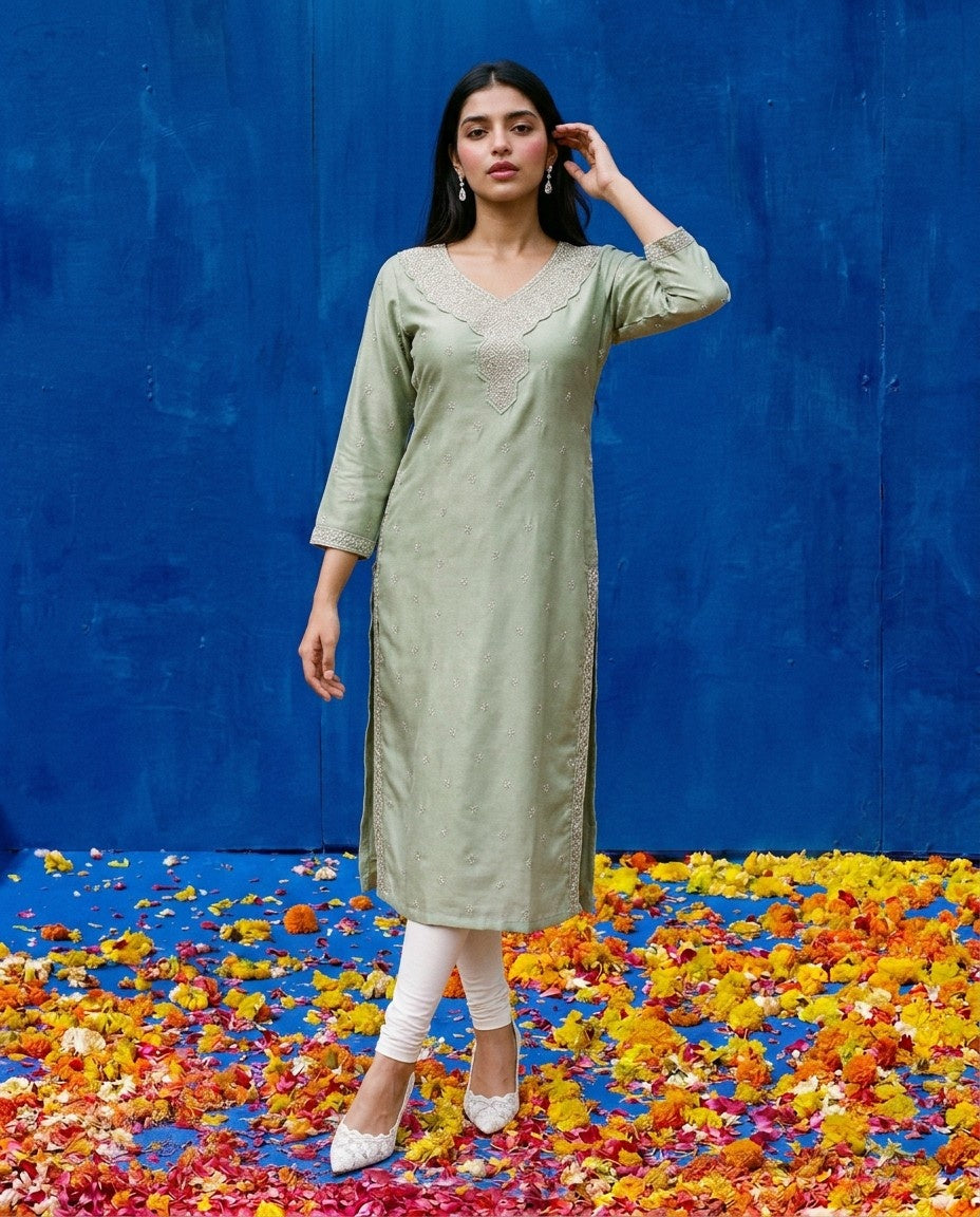 Pista Embroidered Silk Blended 3/4 Sleeves Straight Cut Long Kurta