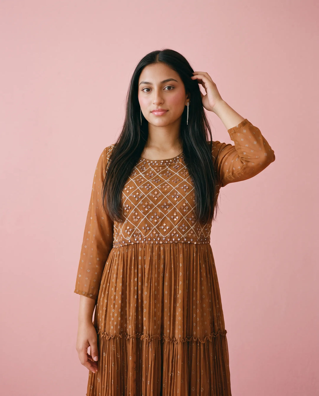 Brown Embriodered Georgette Maxi Dress