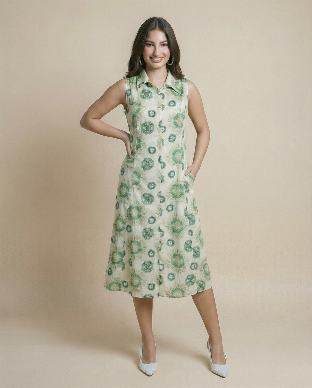 White and Green Printed Linen Blended Midi Dress