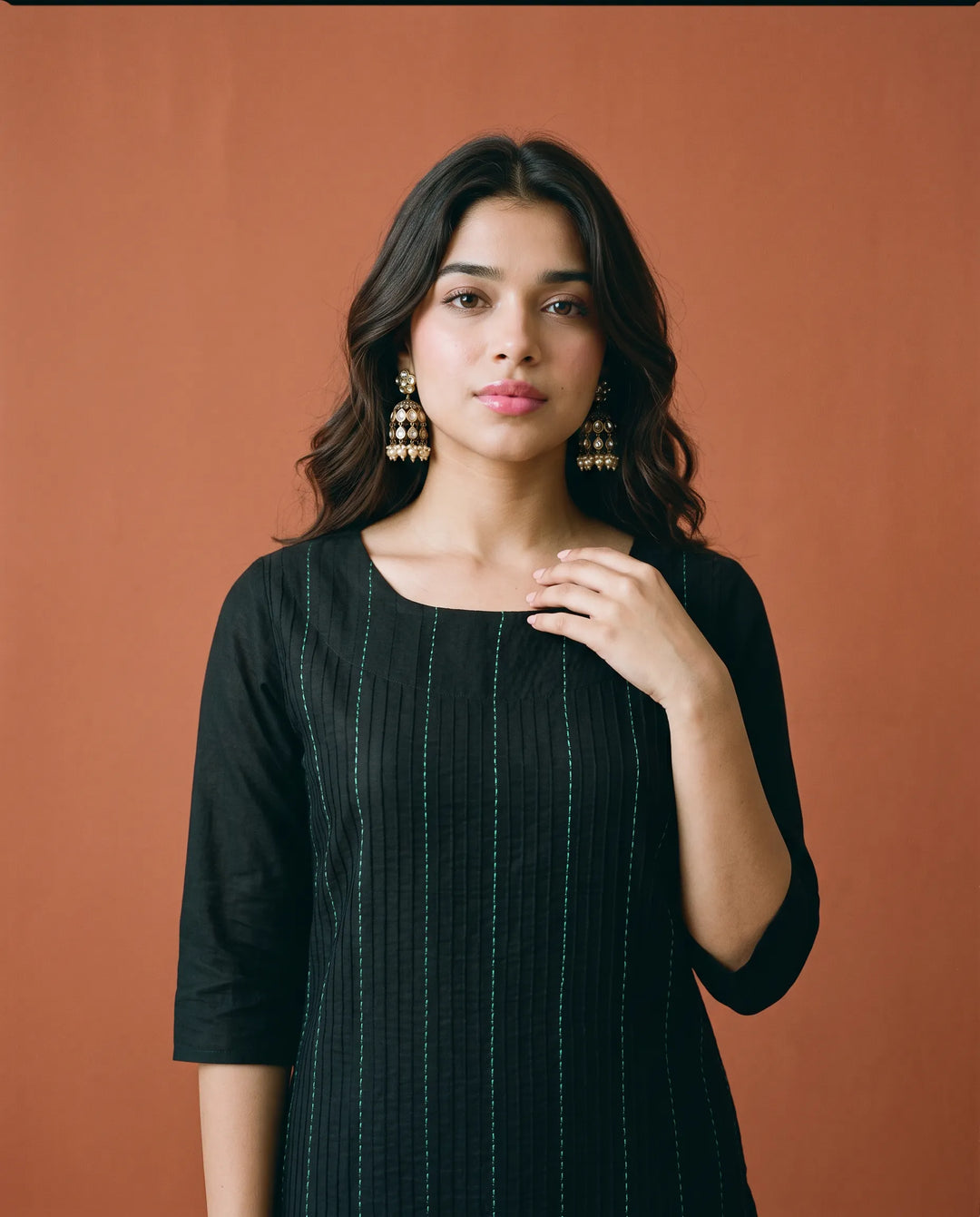 Black Embroidered Cotton Straight cut Long Kurta