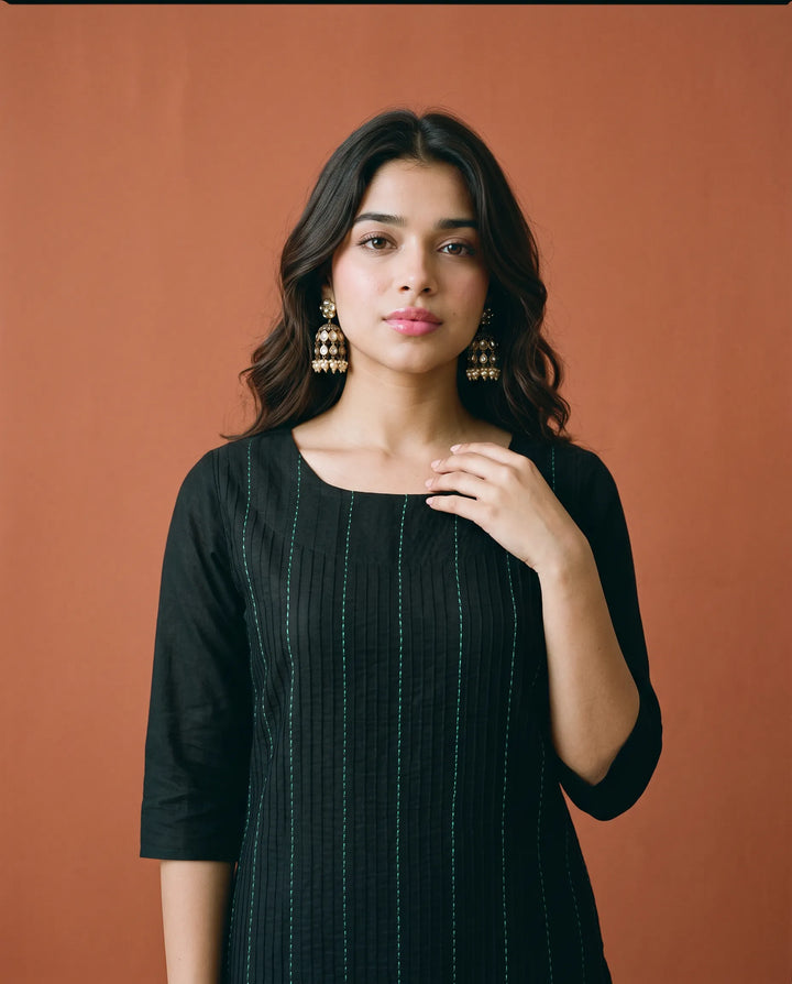 Black Embroidered Cotton Straight cut Long Kurta