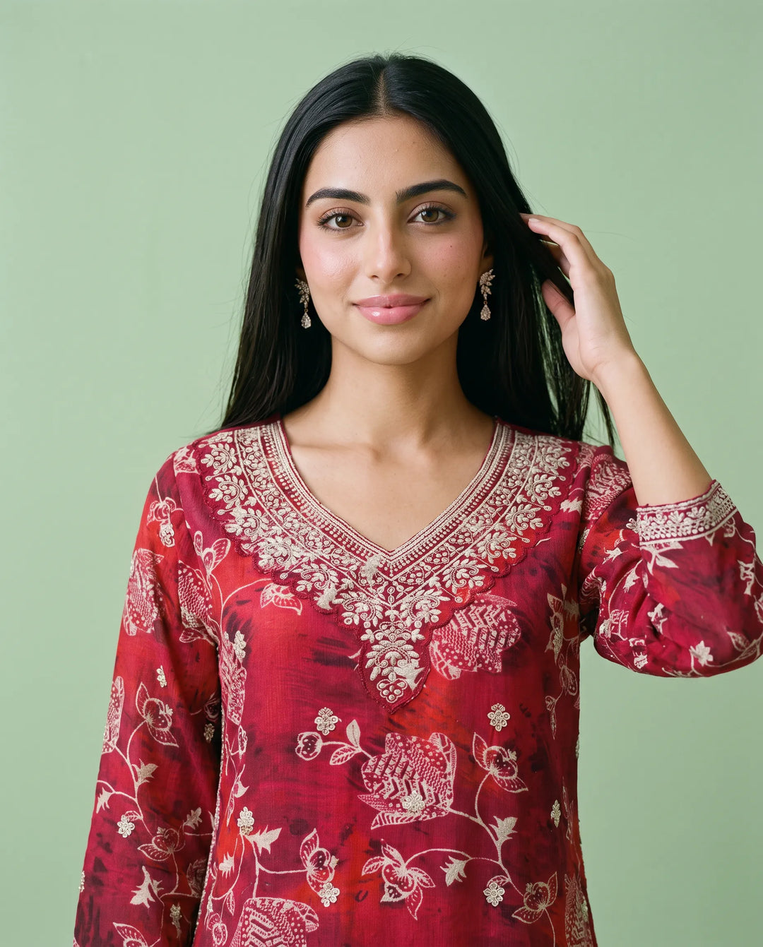 Maroon Embroidered Viscose Blended 3/4 Sleeves Straight Cut Long Kurta