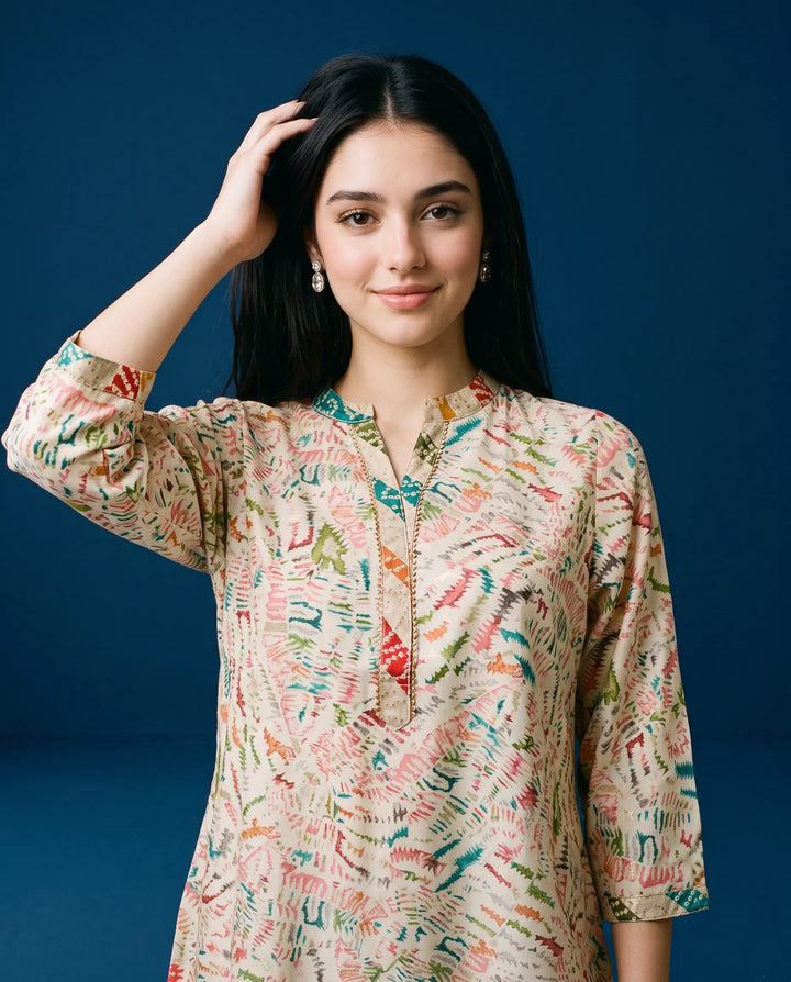 White Printed Viscose BlendedShort Kurti