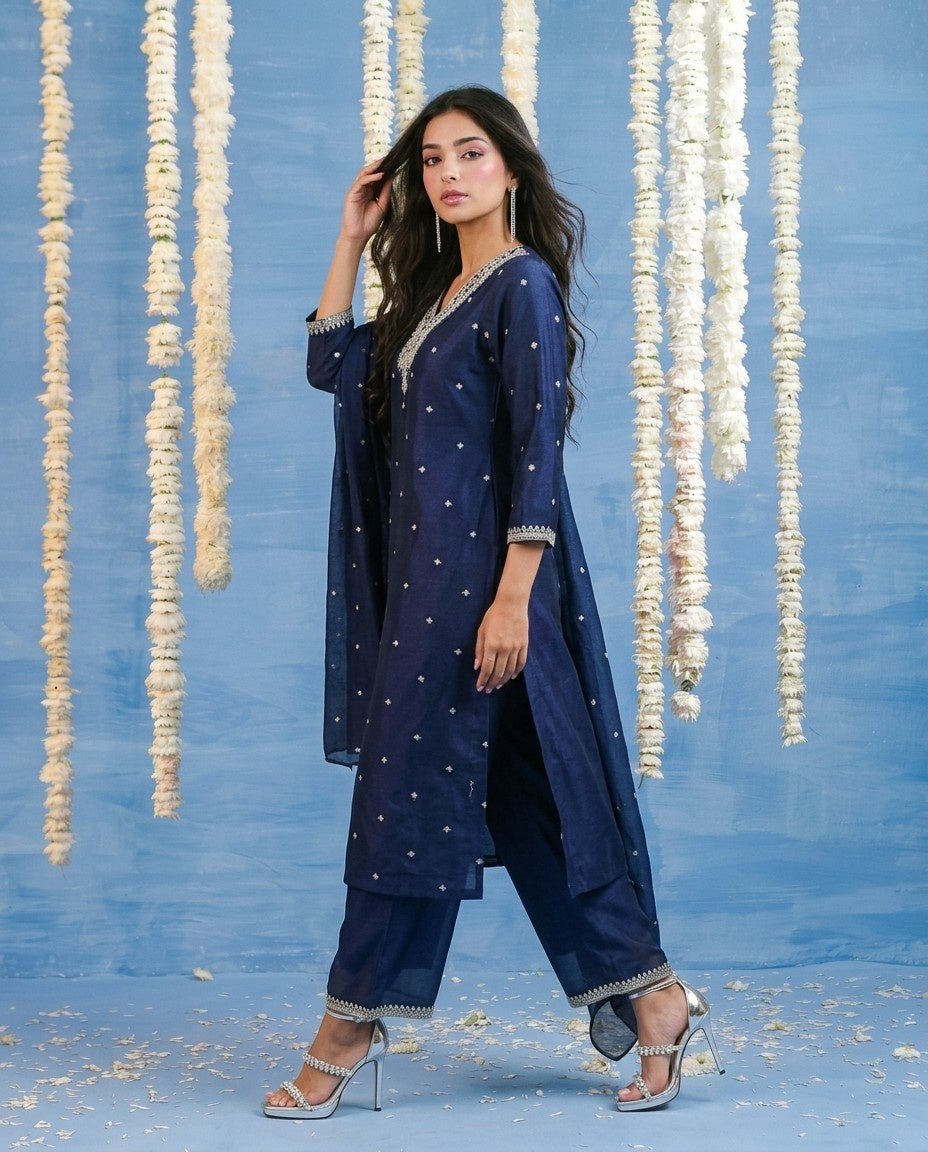 Navy Embriodered Silk Blended Kurta Bottom Dupatta Set