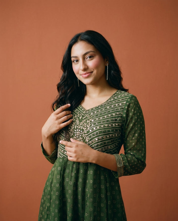 Bottle Green Embriodered Georgette Maxi Dress