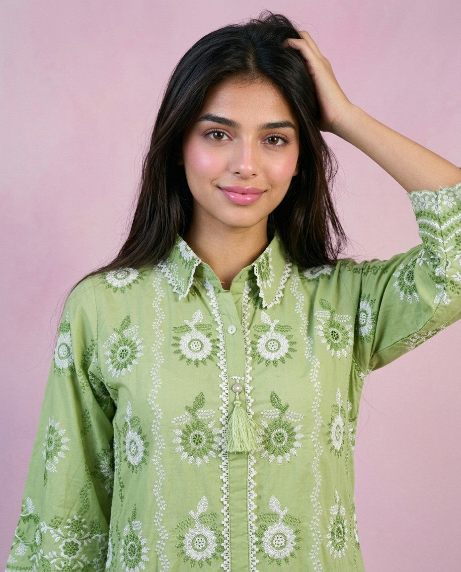 Pista Embroidered Cotton Satin Co-Ord Set