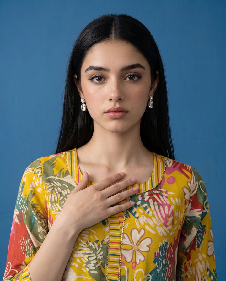 Yellow Printed Viscose Blended Short Kurti