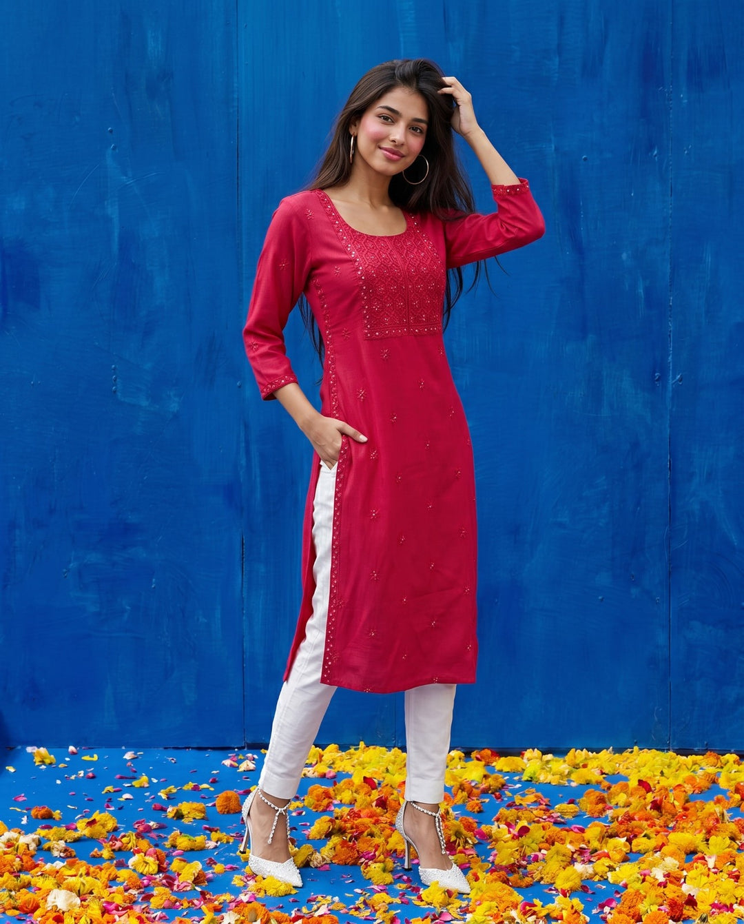 Magenta Embroidered Viscose Blended Straight cut Long Kurta