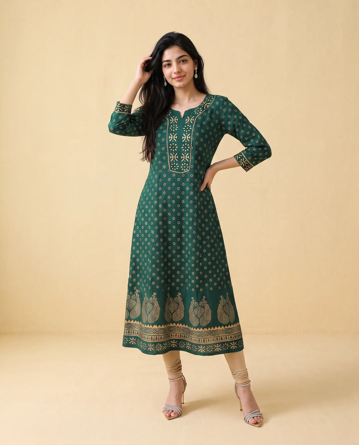 Green Printed Cotton Long Kurta