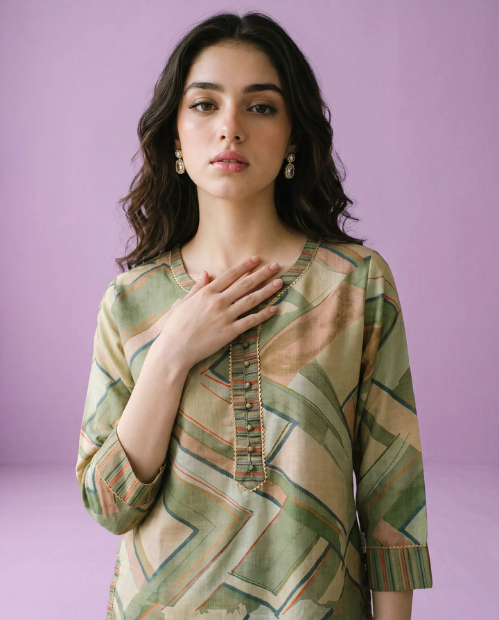 Olive Printed Cotton Blended Short Kurti