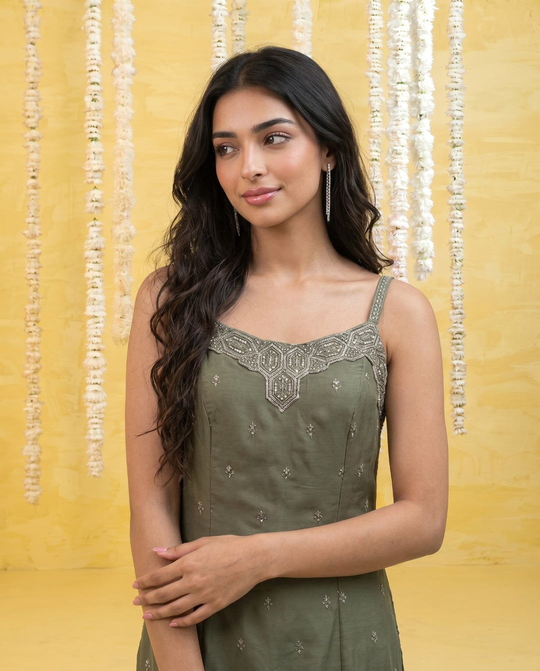 Olive Embroidered Viscose Blended Spaghetti Strap Straight Cut Long Kurta