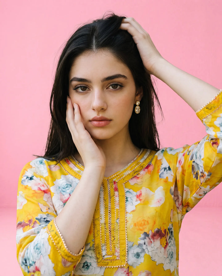 Yellow Printed Crepe Silk Short Kurti