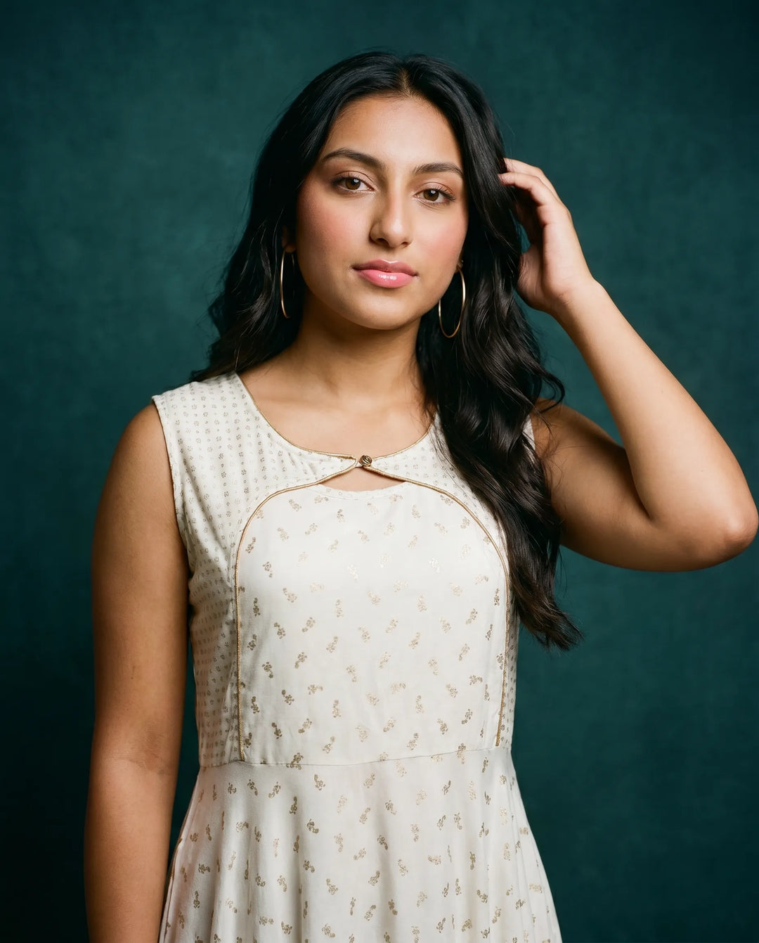 White Printed Rayon Sleeveless Maxi Dress
