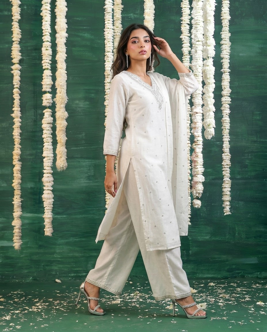 White Embriodered Silk Blended Kurta Bottom Dupatta Set