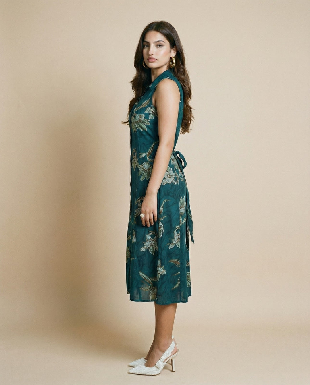Green Printed Rayon Midi Dress
