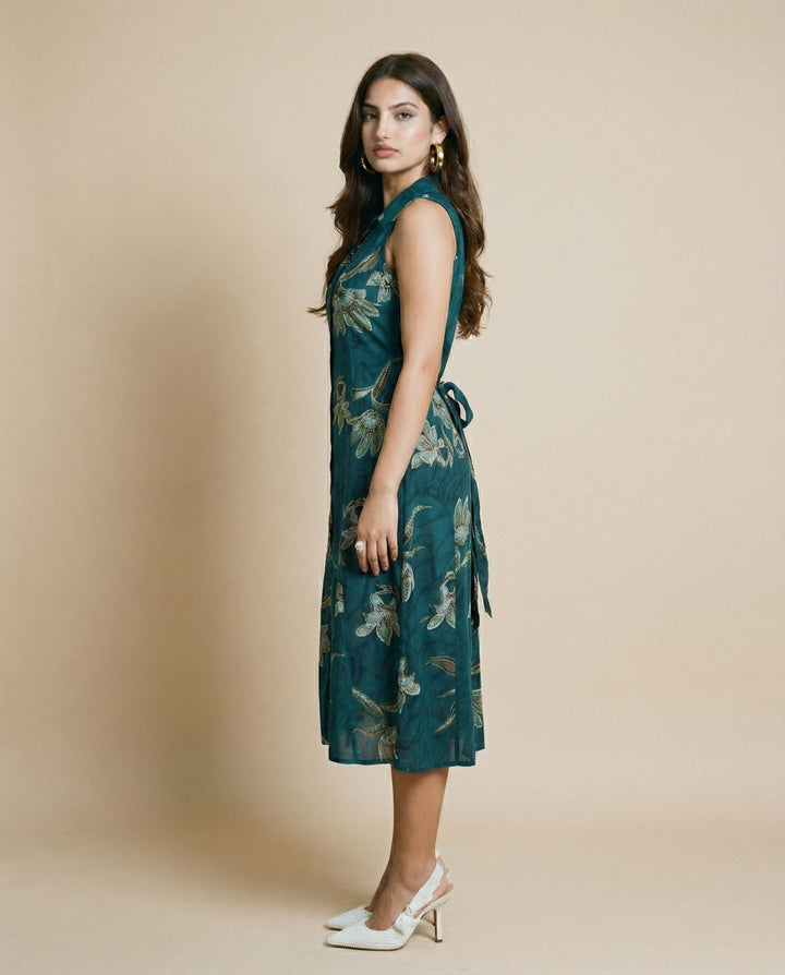Green Printed Rayon Midi Dress