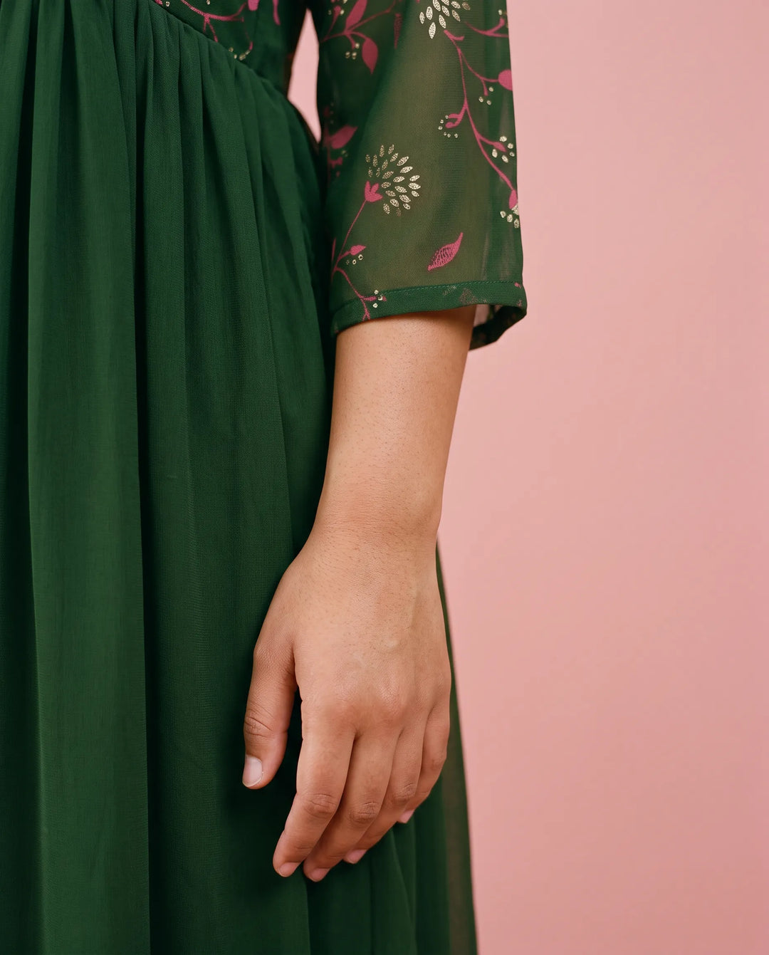 Green Embriodered Georgette Maxi Dress