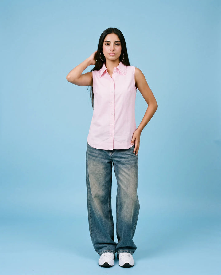 Pink Solid Cotton Satin Sleeveless Top
