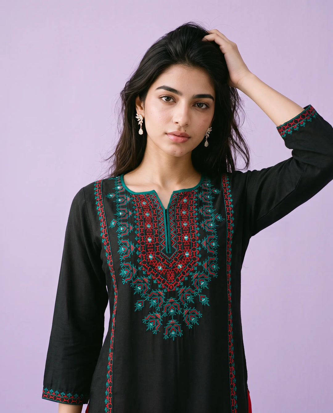Black Embroidered Cotton Straight cut Long Kurta