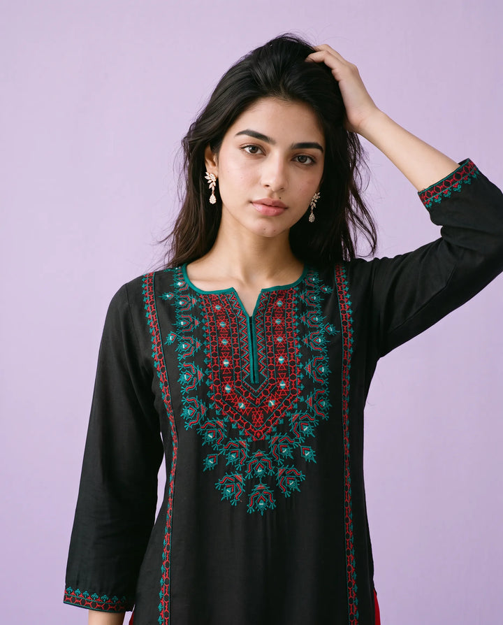 Black Embroidered Cotton Straight cut Long Kurta