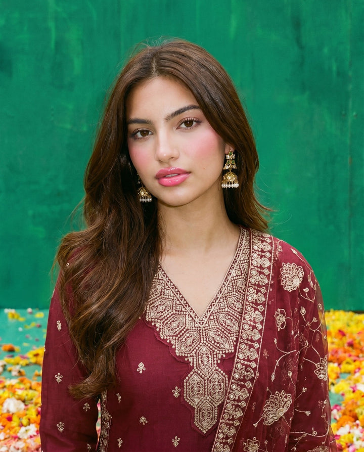 Maroon Embriodered Silk Blended Kurta Bottom Dupatta Set