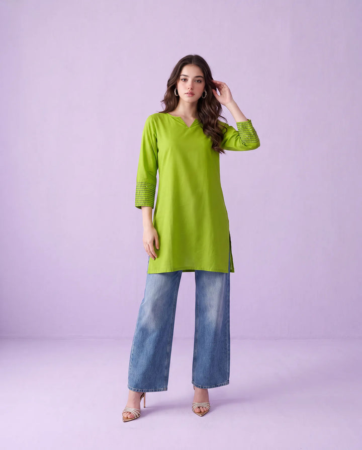 Lemon Embroidered Cotton Short Kurti